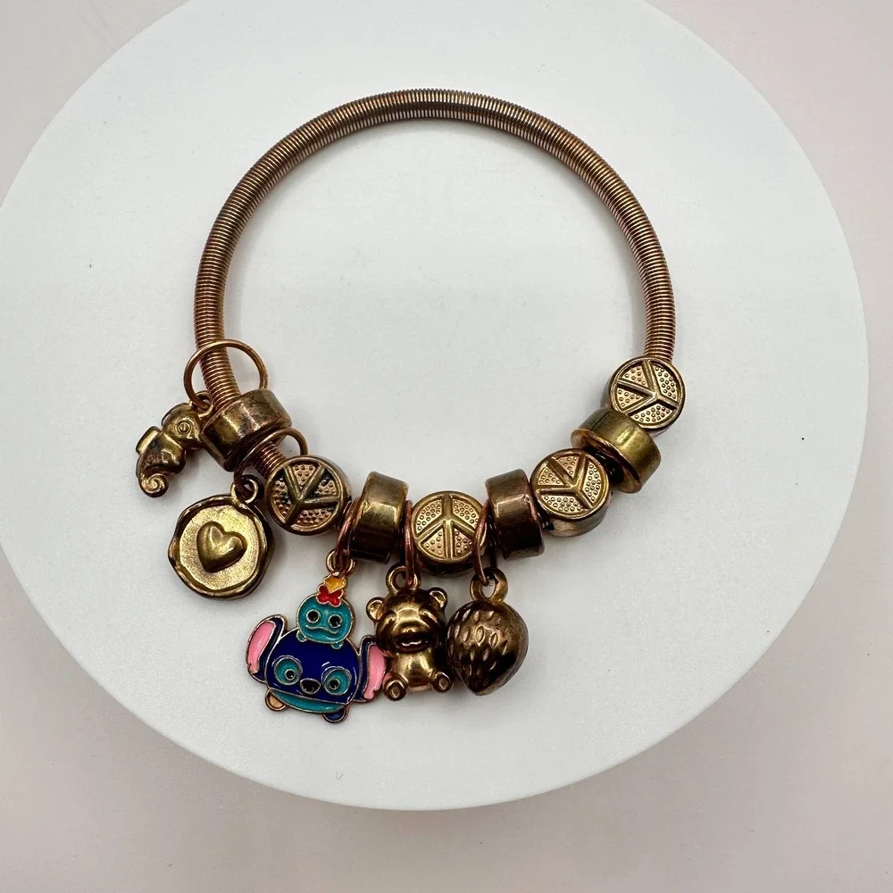 Vintage Y2K Gold Tone Peace Sign Expandable Charm Bracelet Women's Jewelry